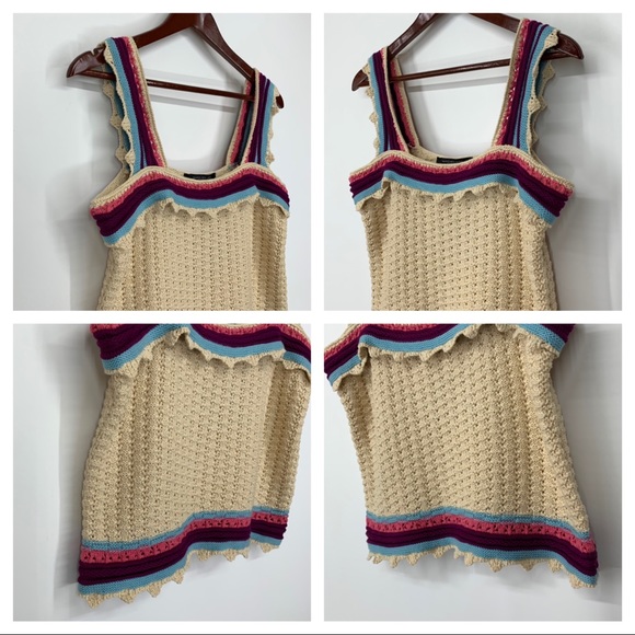 Andrew Marc New York Cream Crocheted Ruffle Stripe Boho Knit Tank Top New Nwt - Picture 11 of 16